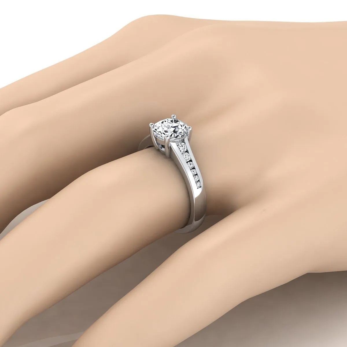 Platinum Round Brilliant Contemporary Tapered Diamond Channel Engagement Ring -1/6ctw
