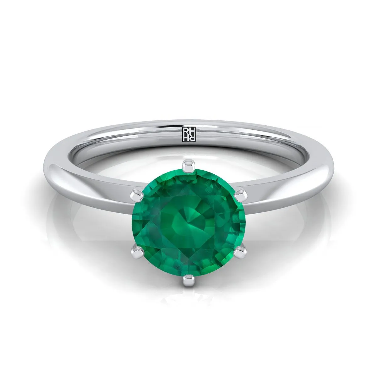 Platinum Round Brilliant Emerald Pinched Comfort Fit Claw Prong Solitaire Engagement Ring