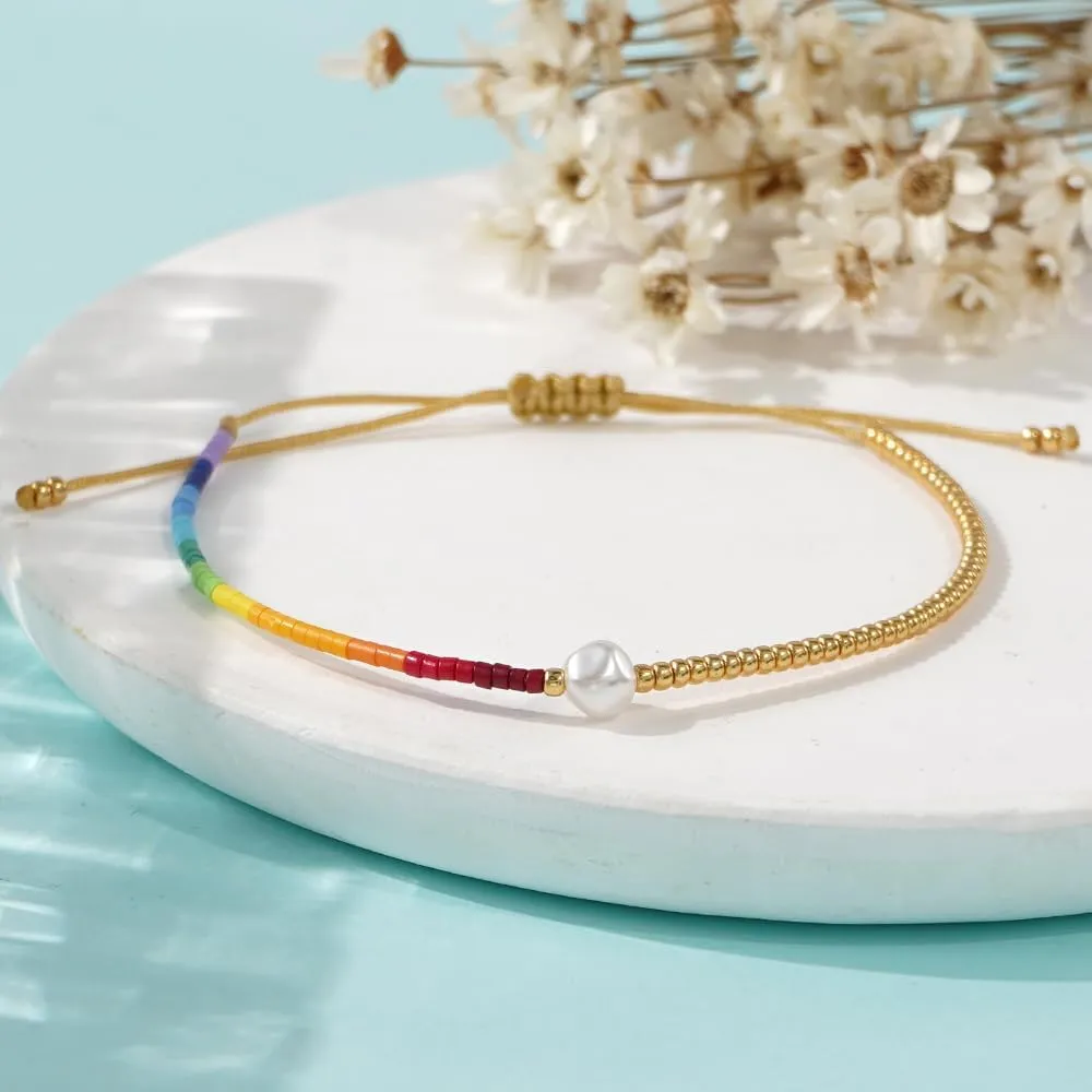 Rainbow Gold Beaded Drawstring Bracelets for Women Dainty White Pendant Friendship Bracelet,Handmade Fashion Charm Jewelry Gifts