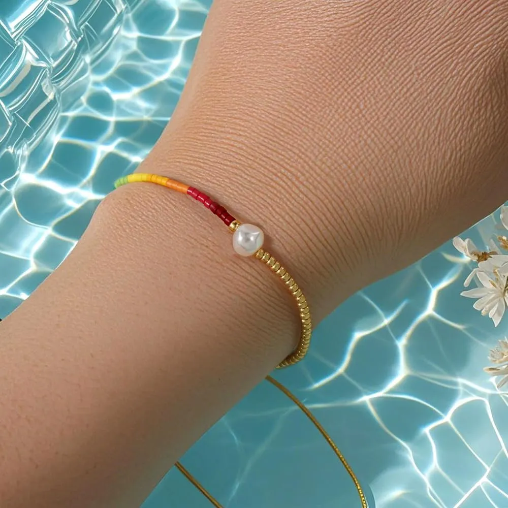 Rainbow Gold Beaded Drawstring Bracelets for Women Dainty White Pendant Friendship Bracelet,Handmade Fashion Charm Jewelry Gifts