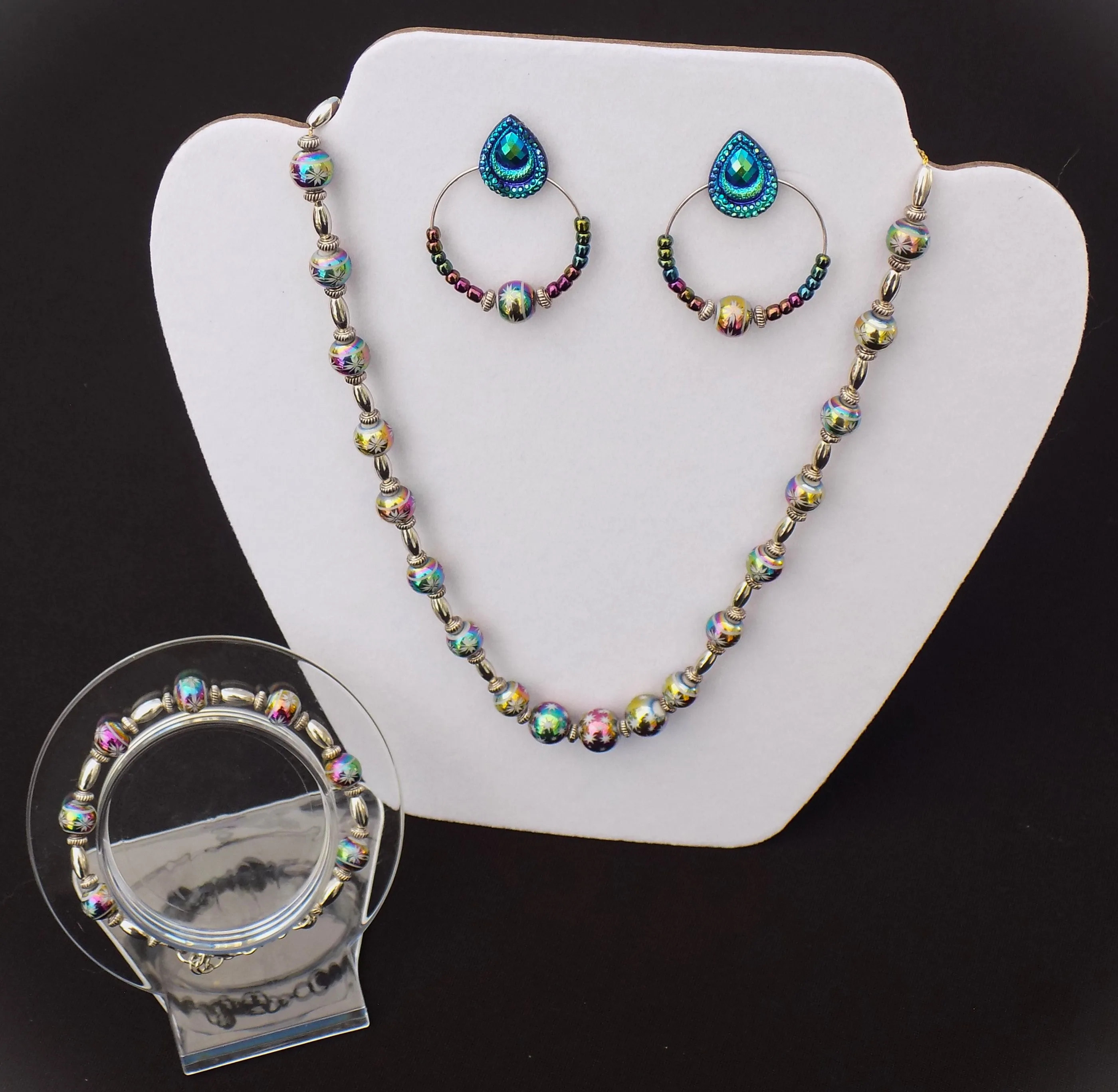 Rainbow Iridescent Beaded Jewelry Set - Four Piece