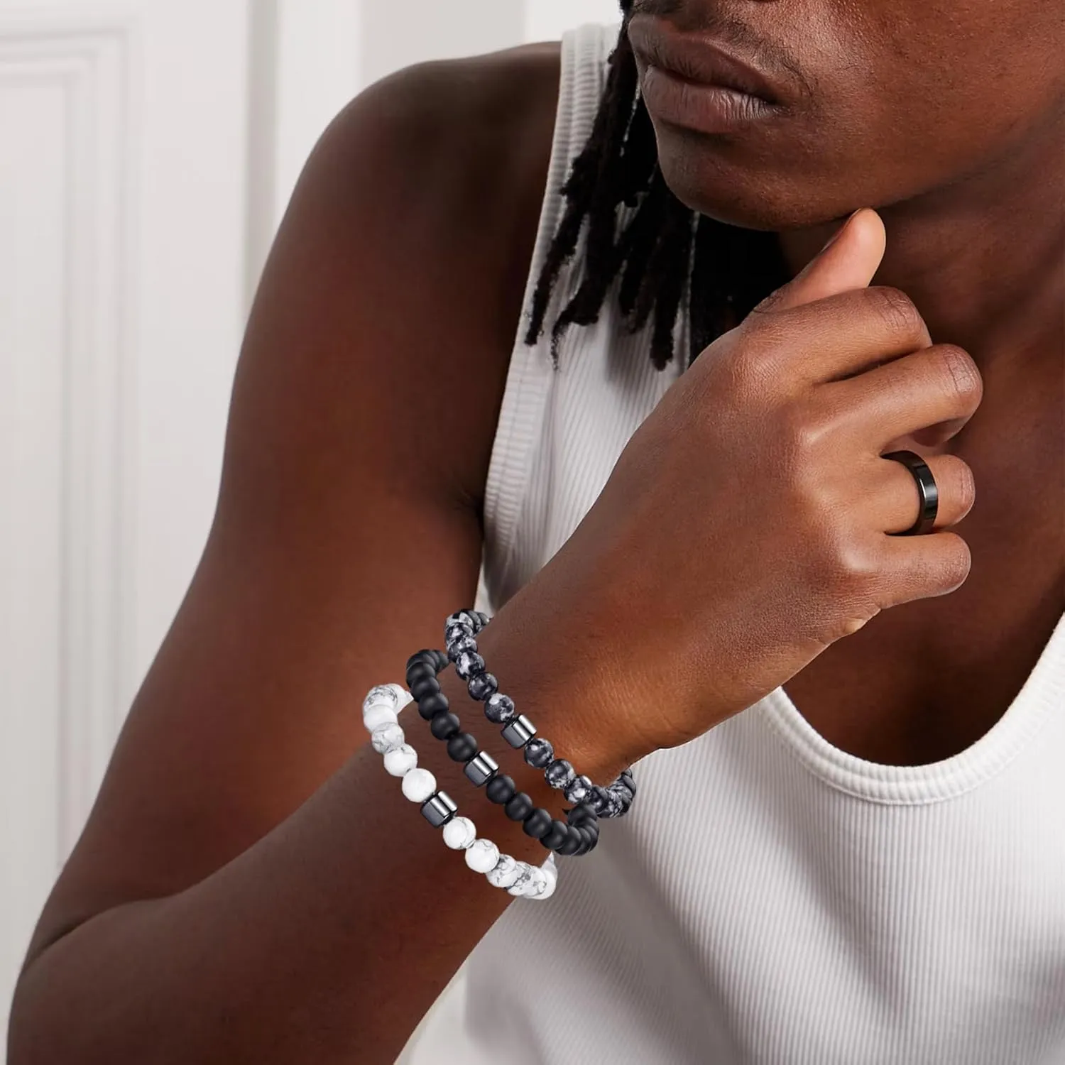 RANKEEF Tiger Eye Bracelet For Men 8MM Natural Stone Stretch Adjustable Black Crystal Beaded Bracelet for Men Women Gifts