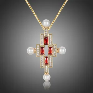 Red Cubic Zirconia Cross Pearl Pendant Necklace KPN0277