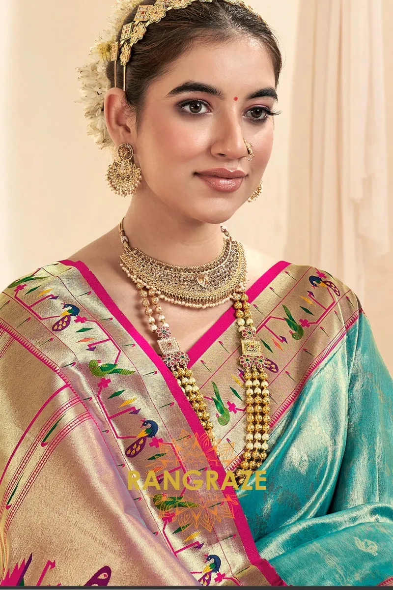 Regal Aqua Blue Paithani Tissue Silk Saree with Tassels