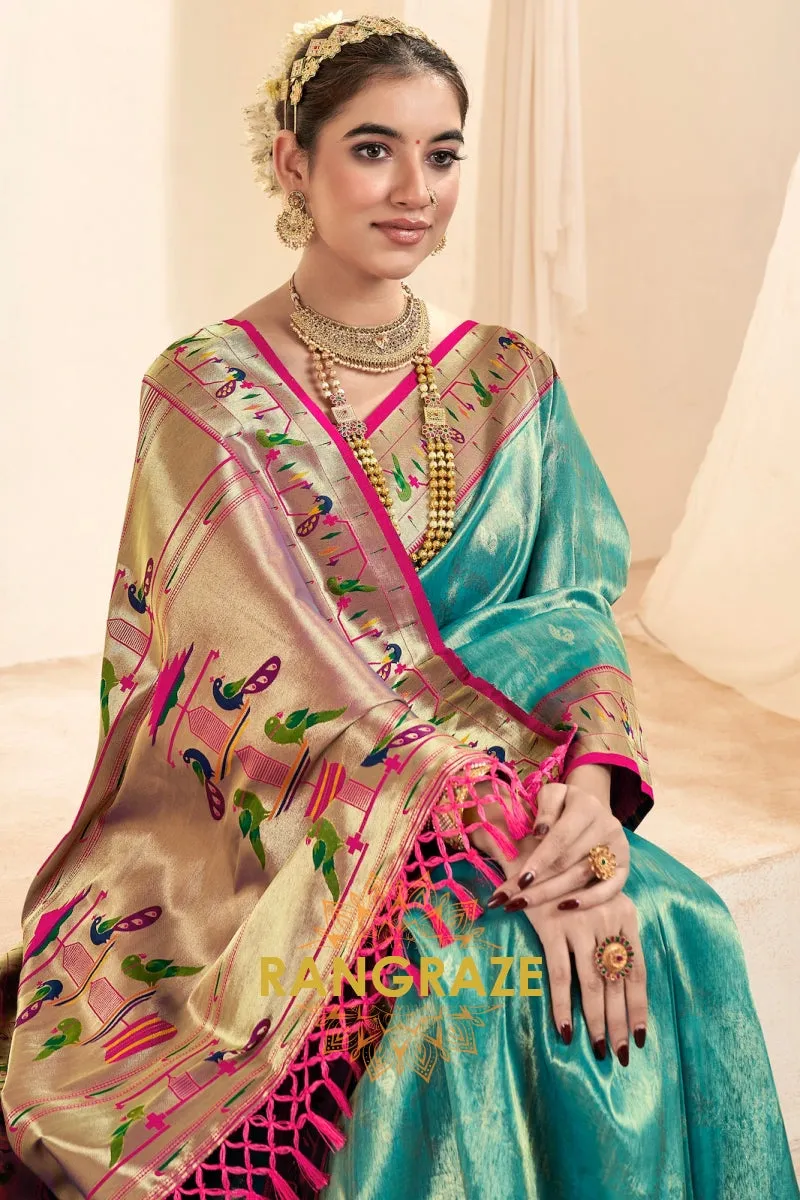 Regal Aqua Blue Paithani Tissue Silk Saree with Tassels