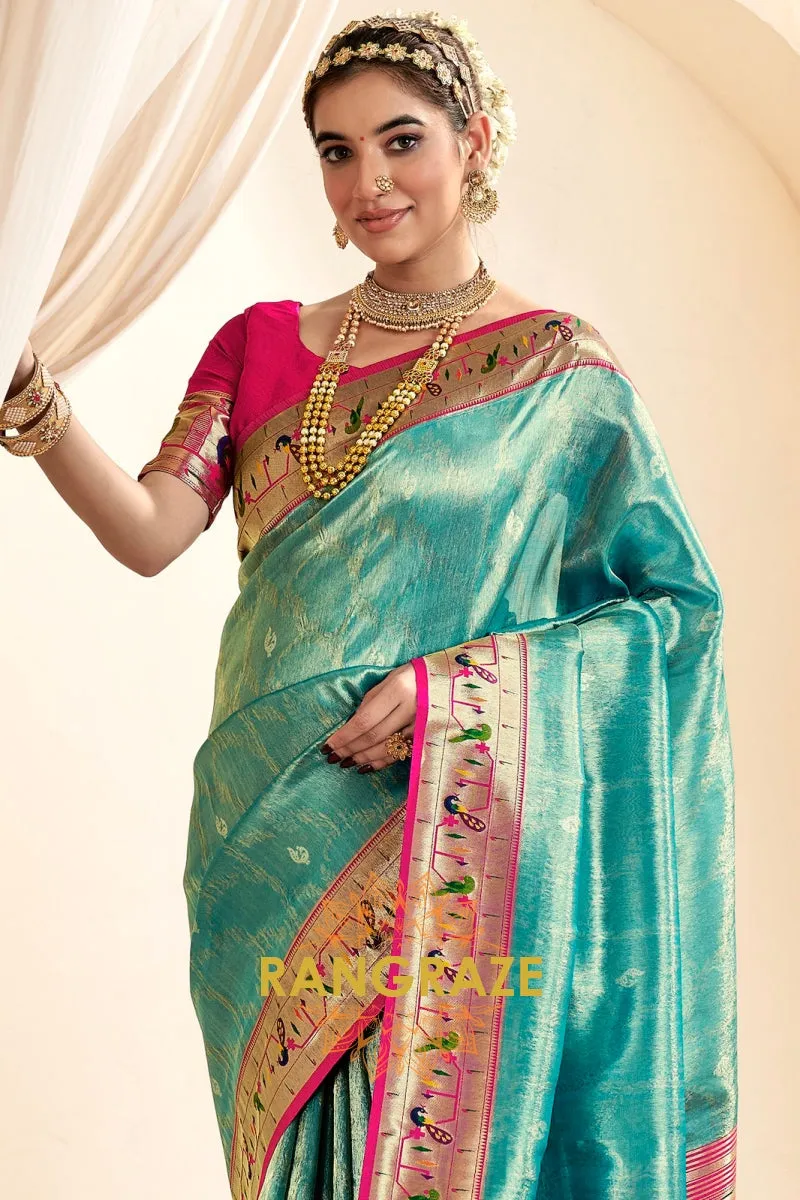 Regal Aqua Blue Paithani Tissue Silk Saree with Tassels