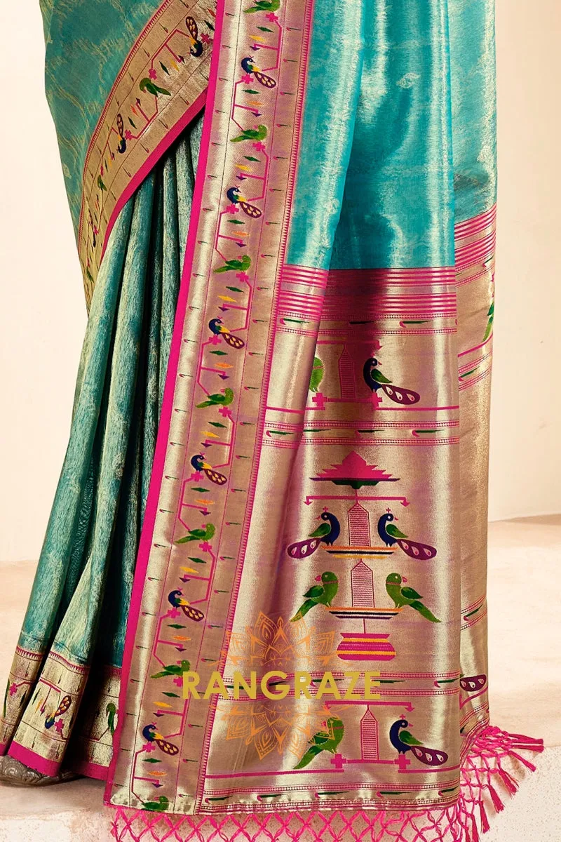 Regal Aqua Blue Paithani Tissue Silk Saree with Tassels
