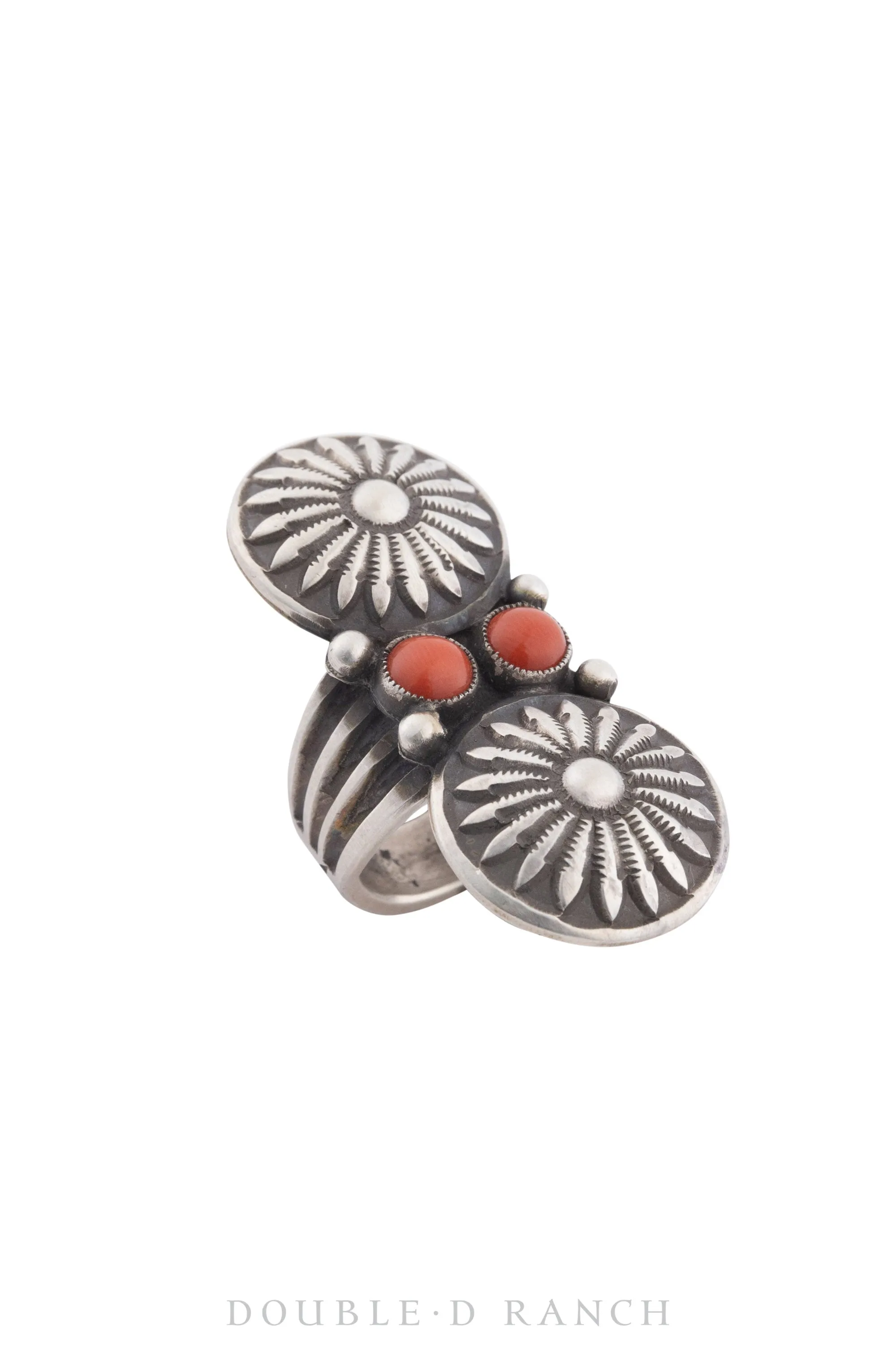 Ring, Concho, Coral, Sterling Silver, Stampwork, Hallmark, Contemporary, 1273