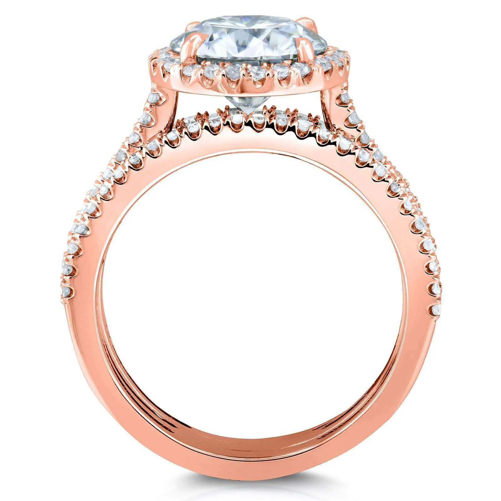 Round Brilliant Moissanite and Diamond Halo 3-Piece Bridal Rings Set 2 1/2 CTW 14k Rose Gold