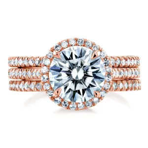 Round Brilliant Moissanite and Diamond Halo 3-Piece Bridal Rings Set 2 1/2 CTW 14k Rose Gold