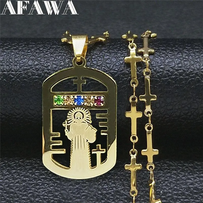 Saint Benedict Cross Jesus AAA CZ Crystals Stainless Steel Necklace - Gold Colour Christian Jewellery