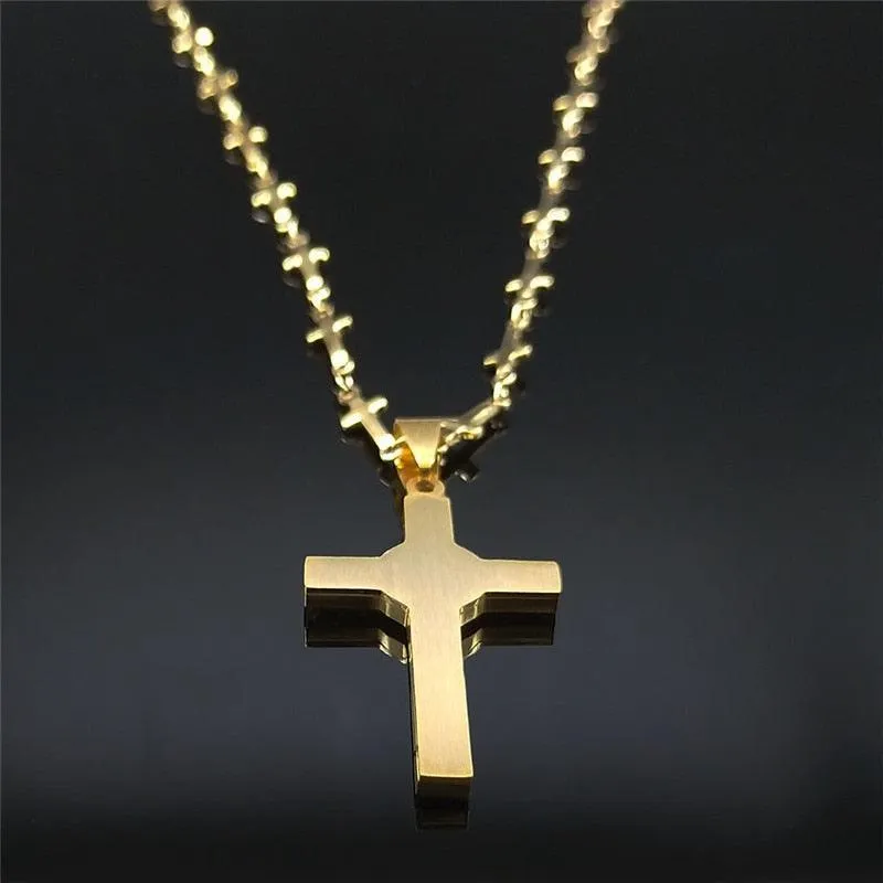 Saint Benedict Cross Jesus AAA CZ Crystals Stainless Steel Necklace - Gold Colour Christian Jewellery