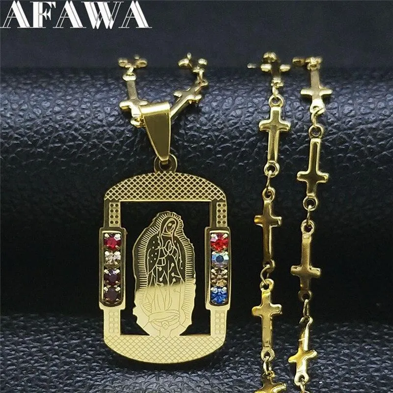 Saint Benedict Cross Jesus AAA CZ Crystals Stainless Steel Necklace - Gold Colour Christian Jewellery