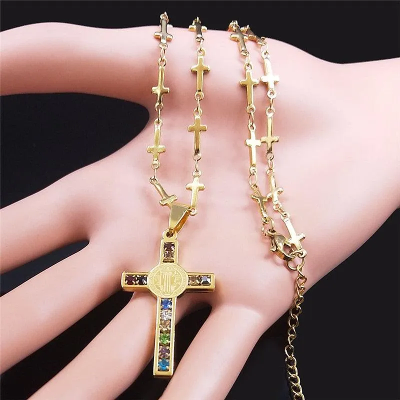 Saint Benedict Cross Jesus AAA CZ Crystals Stainless Steel Necklace - Gold Colour Christian Jewellery