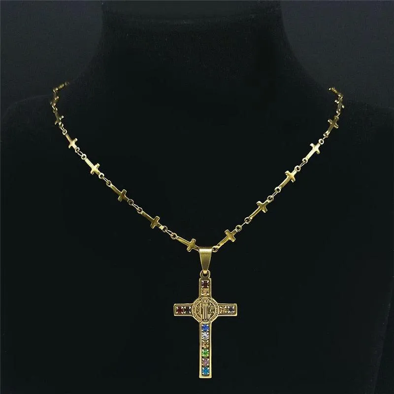 Saint Benedict Cross Jesus AAA CZ Crystals Stainless Steel Necklace - Gold Colour Christian Jewellery