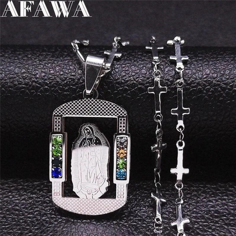 Saint Benedict Cross Jesus AAA CZ Crystals Stainless Steel Necklace - Gold Colour Christian Jewellery
