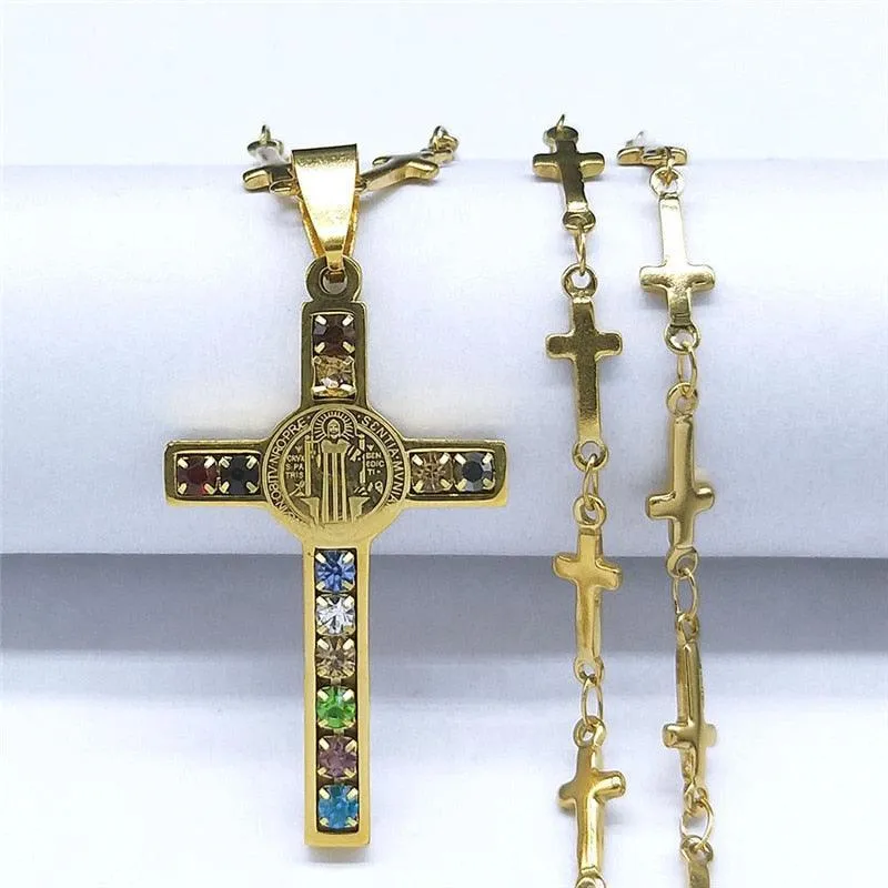 Saint Benedict Cross Jesus AAA CZ Crystals Stainless Steel Necklace - Gold Colour Christian Jewellery