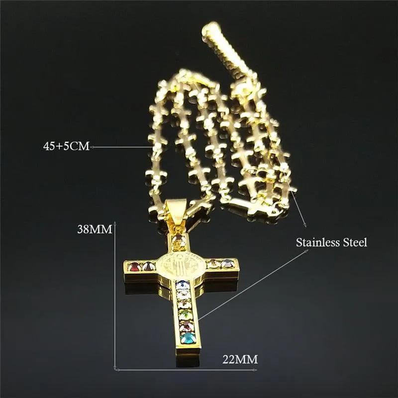 Saint Benedict Cross Jesus AAA CZ Crystals Stainless Steel Necklace - Gold Colour Christian Jewellery