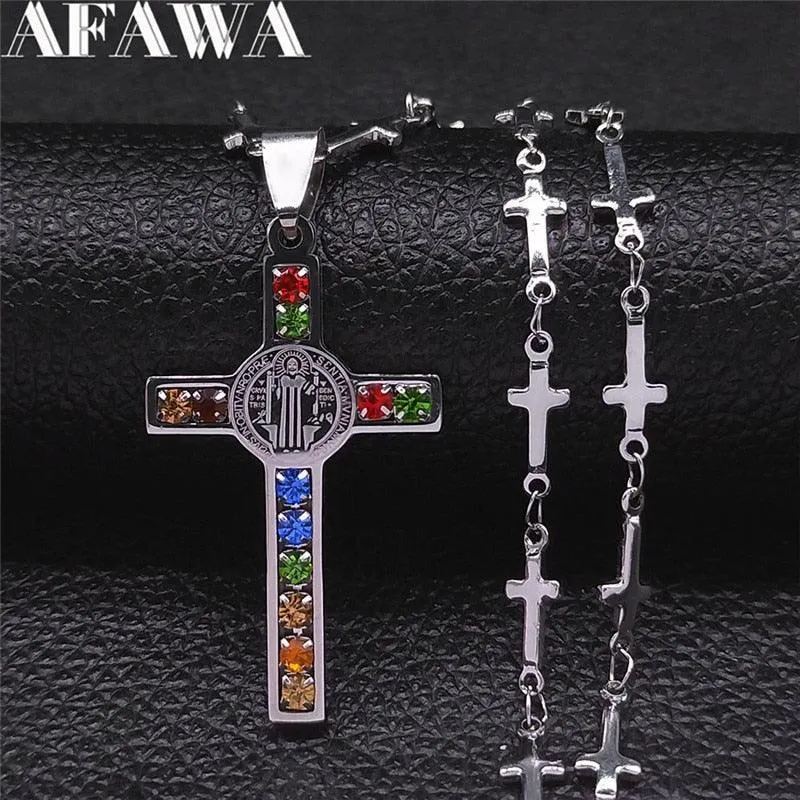 Saint Benedict Cross Jesus AAA CZ Crystals Stainless Steel Necklace - Gold Colour Christian Jewellery