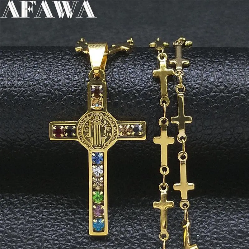 Saint Benedict Cross Jesus AAA CZ Crystals Stainless Steel Necklace - Gold Colour Christian Jewellery