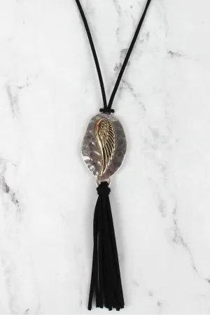 SALE! Silvertone and Goldtone Wing Tassel Pendant Black Cord Necklace