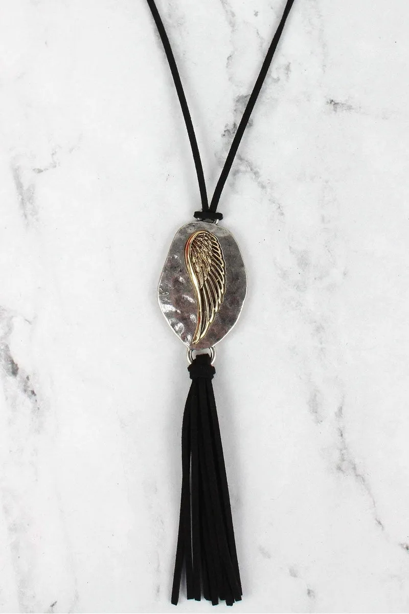 SALE! Silvertone and Goldtone Wing Tassel Pendant Black Cord Necklace