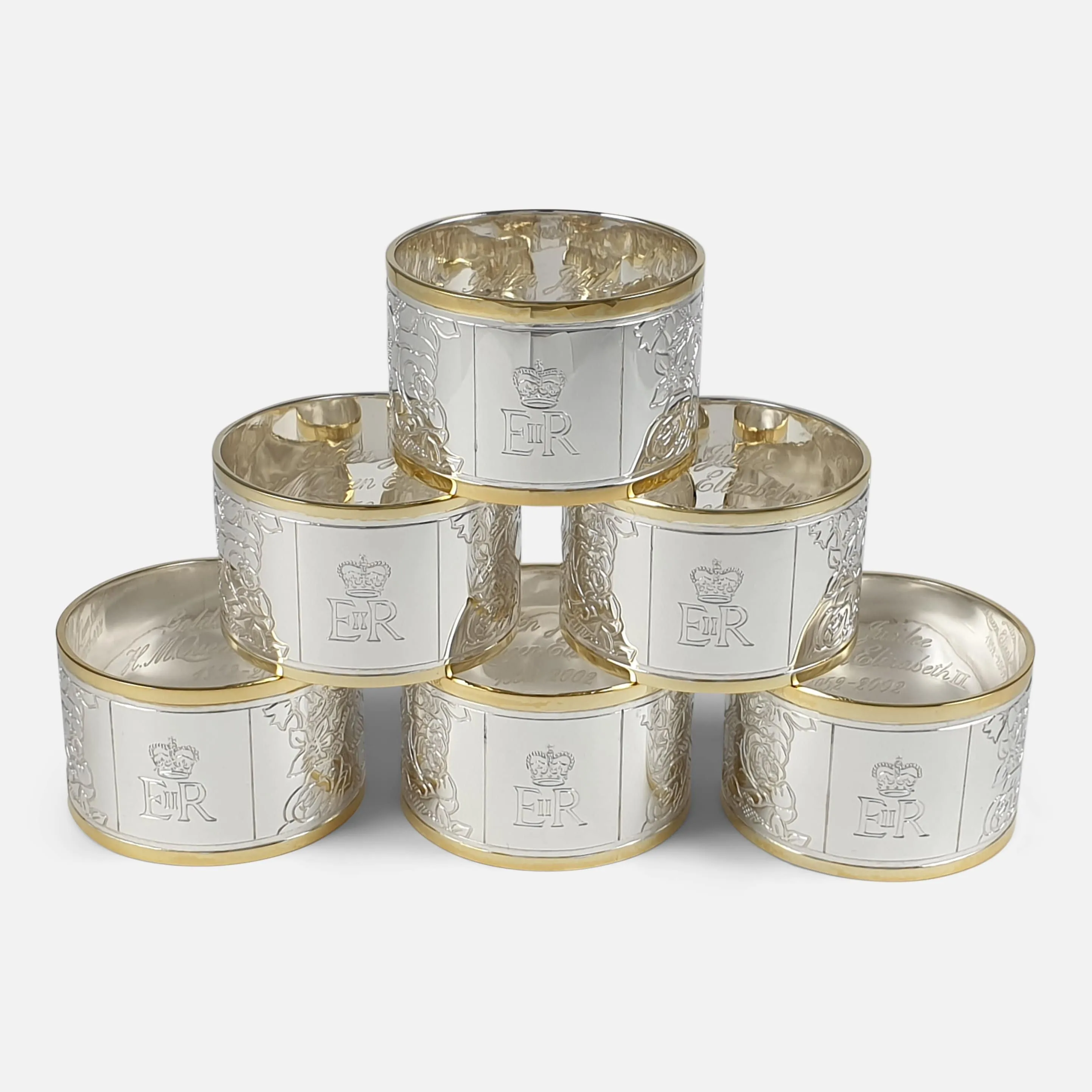 Set of Six Parcel Gilt Britannia Standard Silver Napkin Rings, 2002