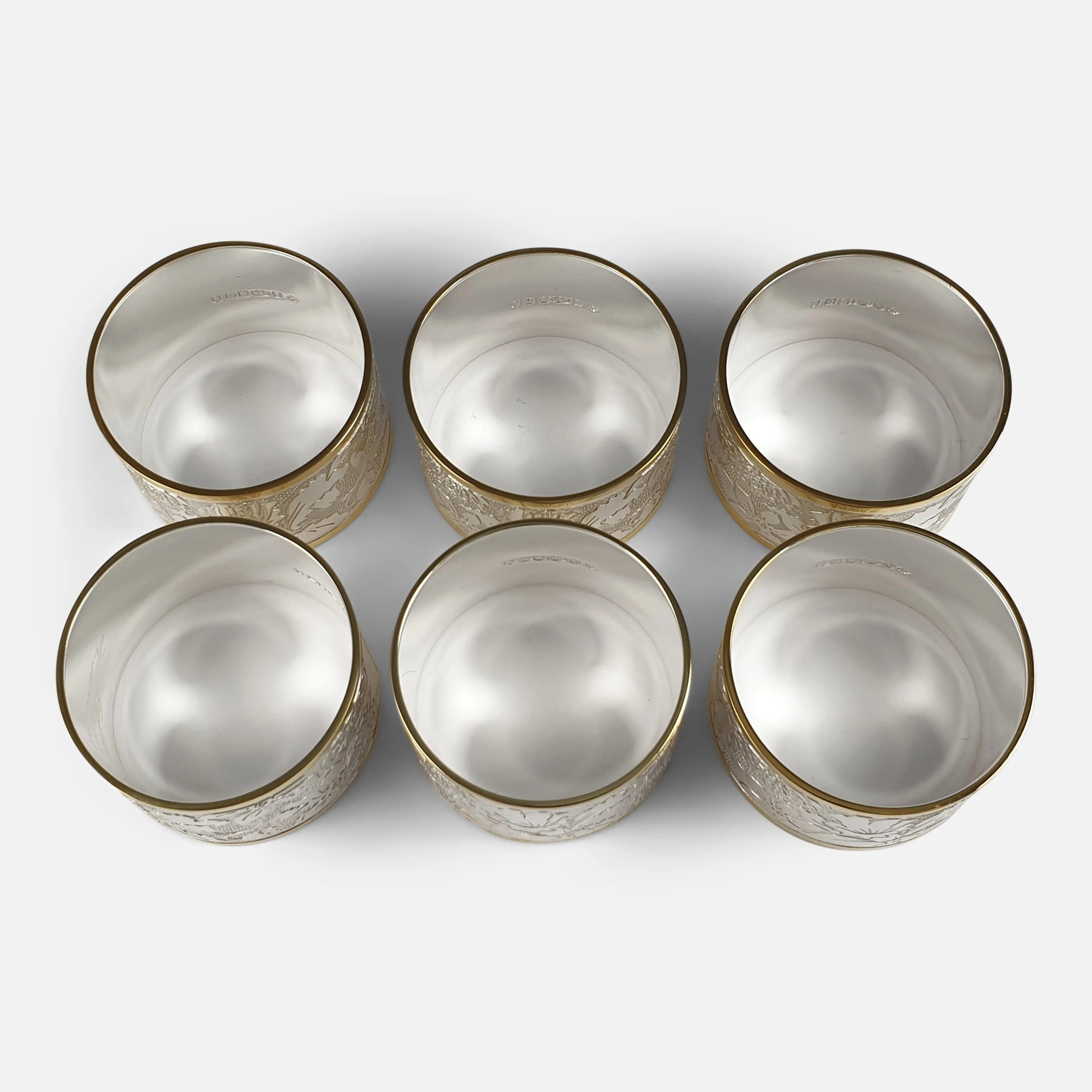 Set of Six Parcel Gilt Britannia Standard Silver Napkin Rings, 2002