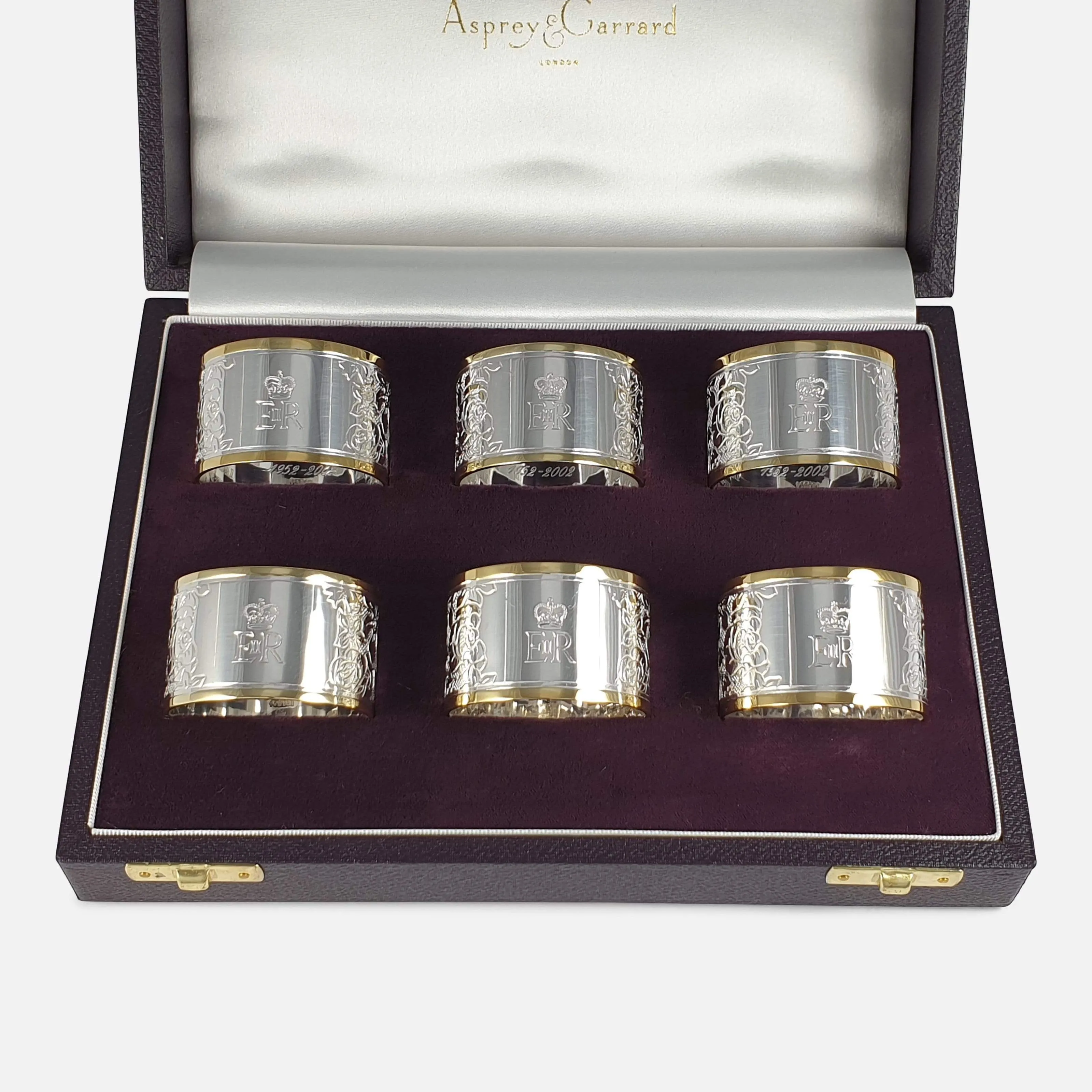 Set of Six Parcel Gilt Britannia Standard Silver Napkin Rings, 2002