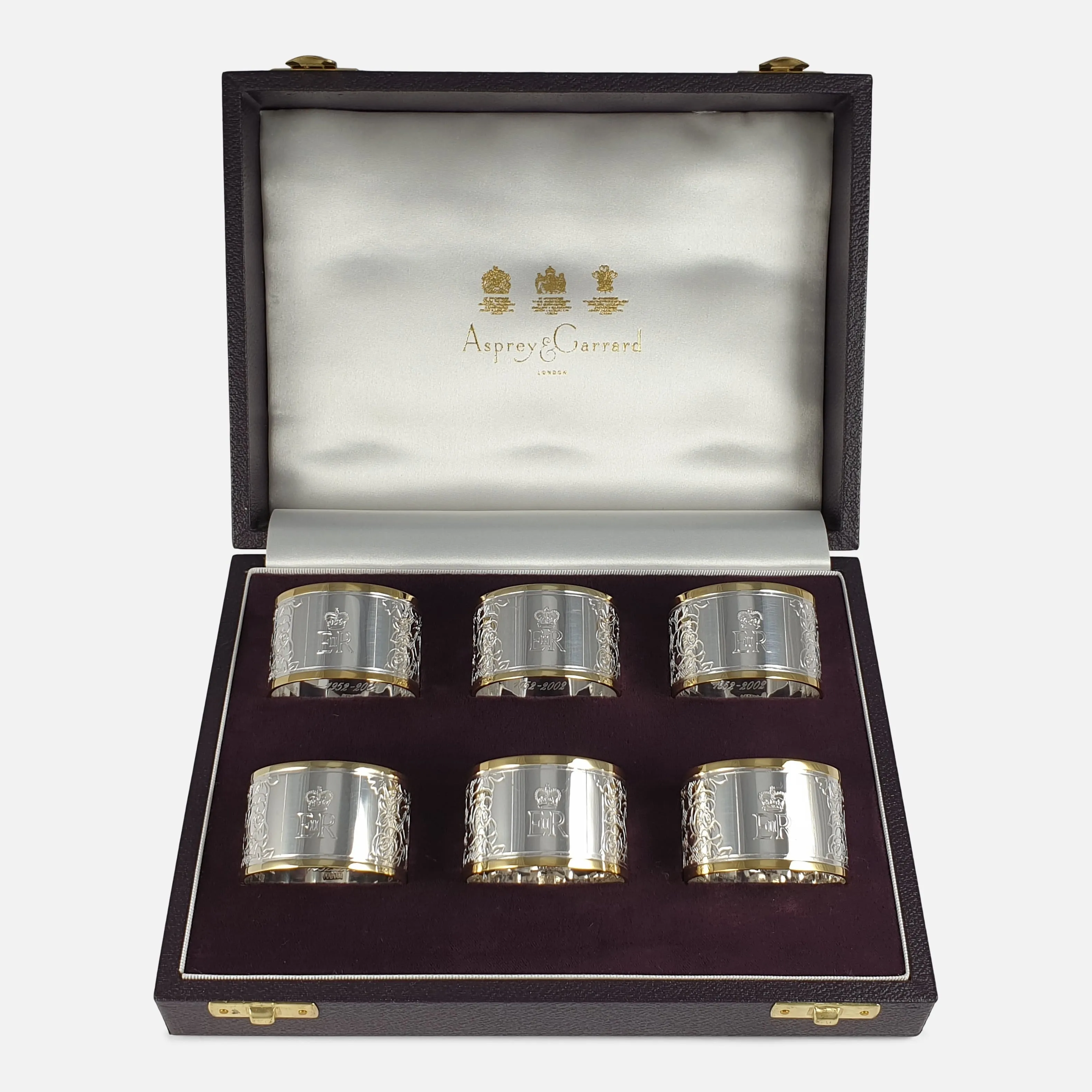 Set of Six Parcel Gilt Britannia Standard Silver Napkin Rings, 2002