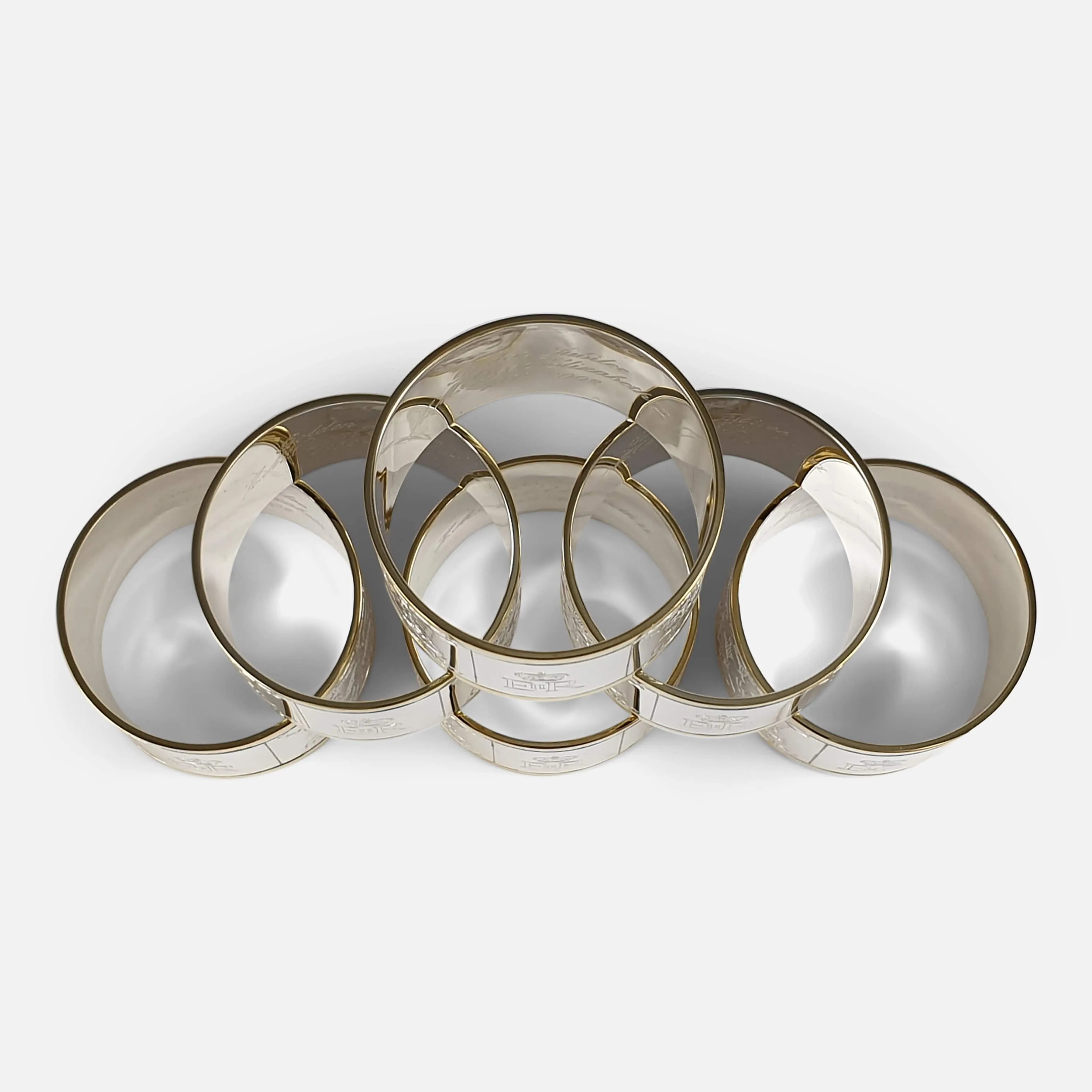 Set of Six Parcel Gilt Britannia Standard Silver Napkin Rings, 2002