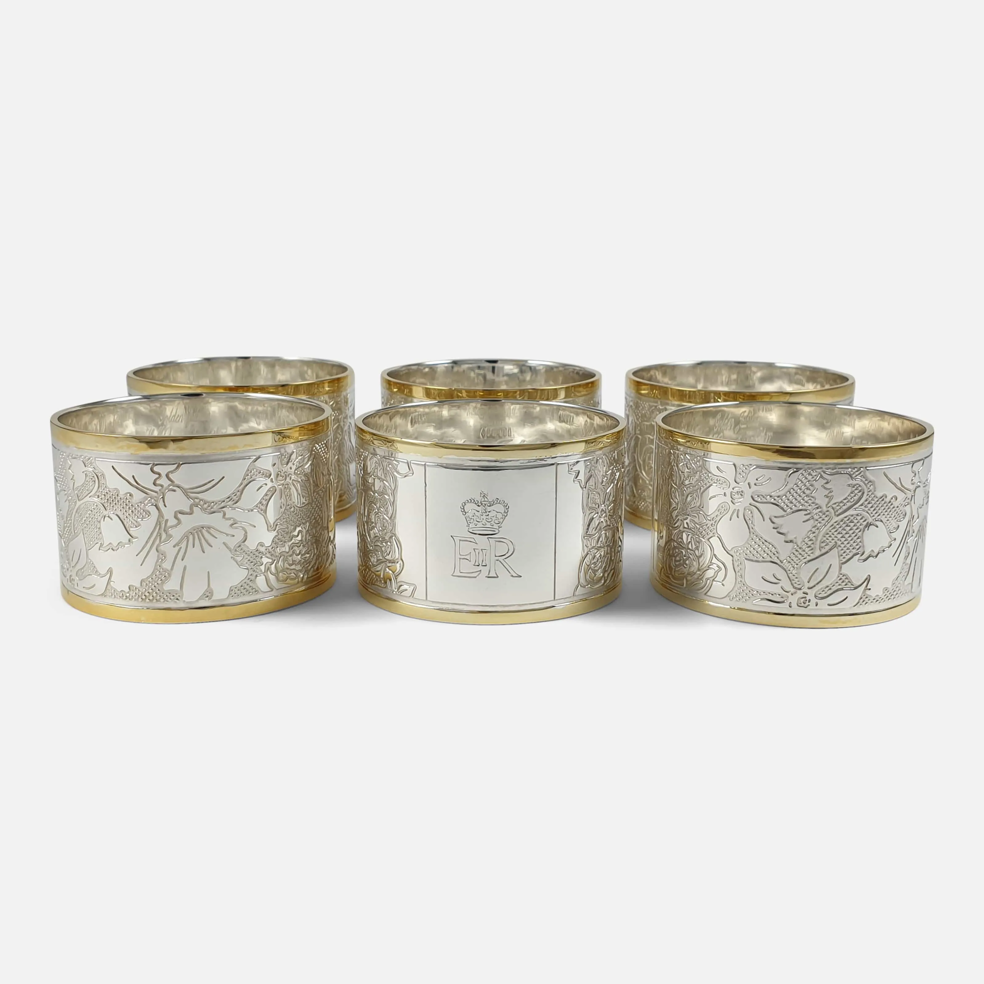 Set of Six Parcel Gilt Britannia Standard Silver Napkin Rings, 2002