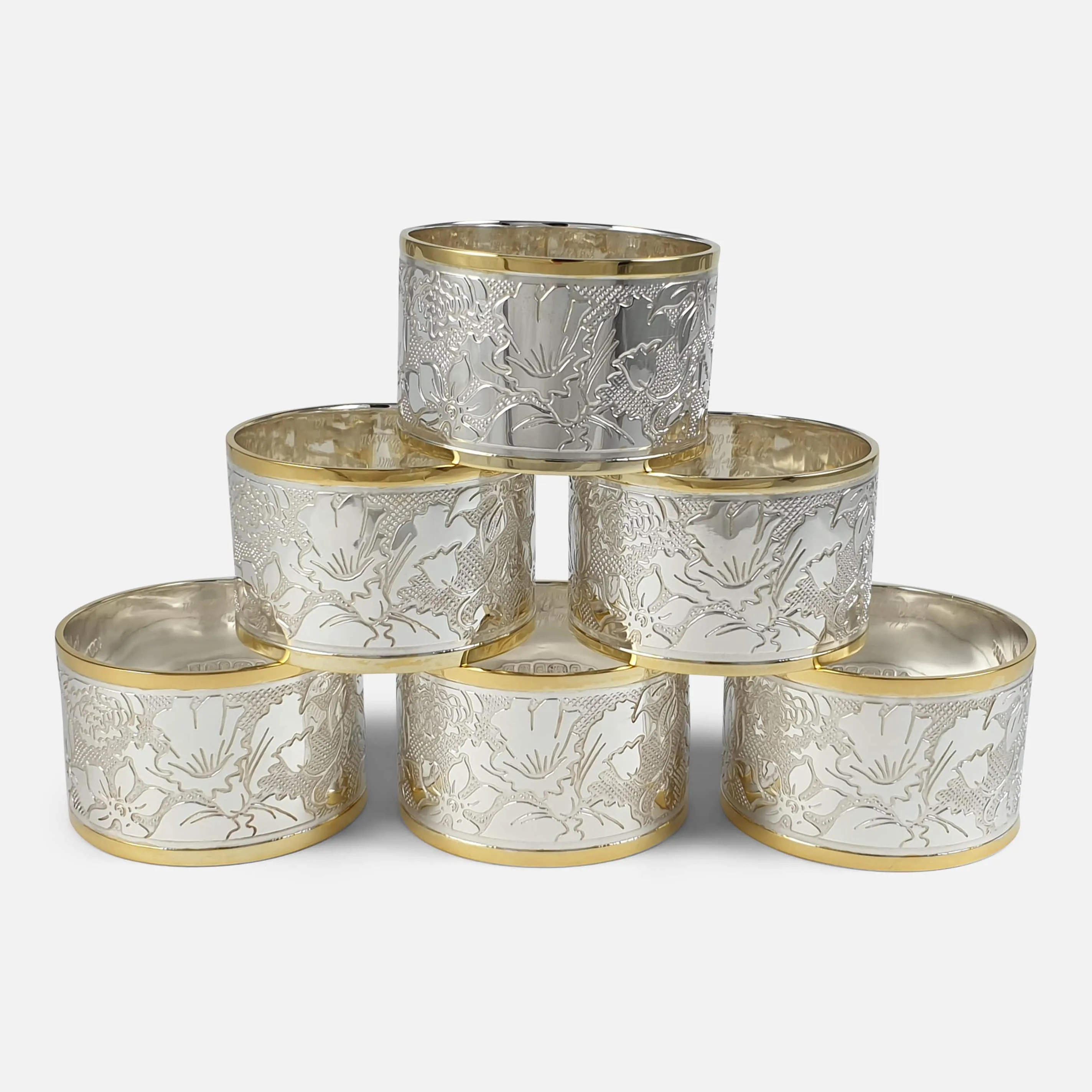 Set of Six Parcel Gilt Britannia Standard Silver Napkin Rings, 2002