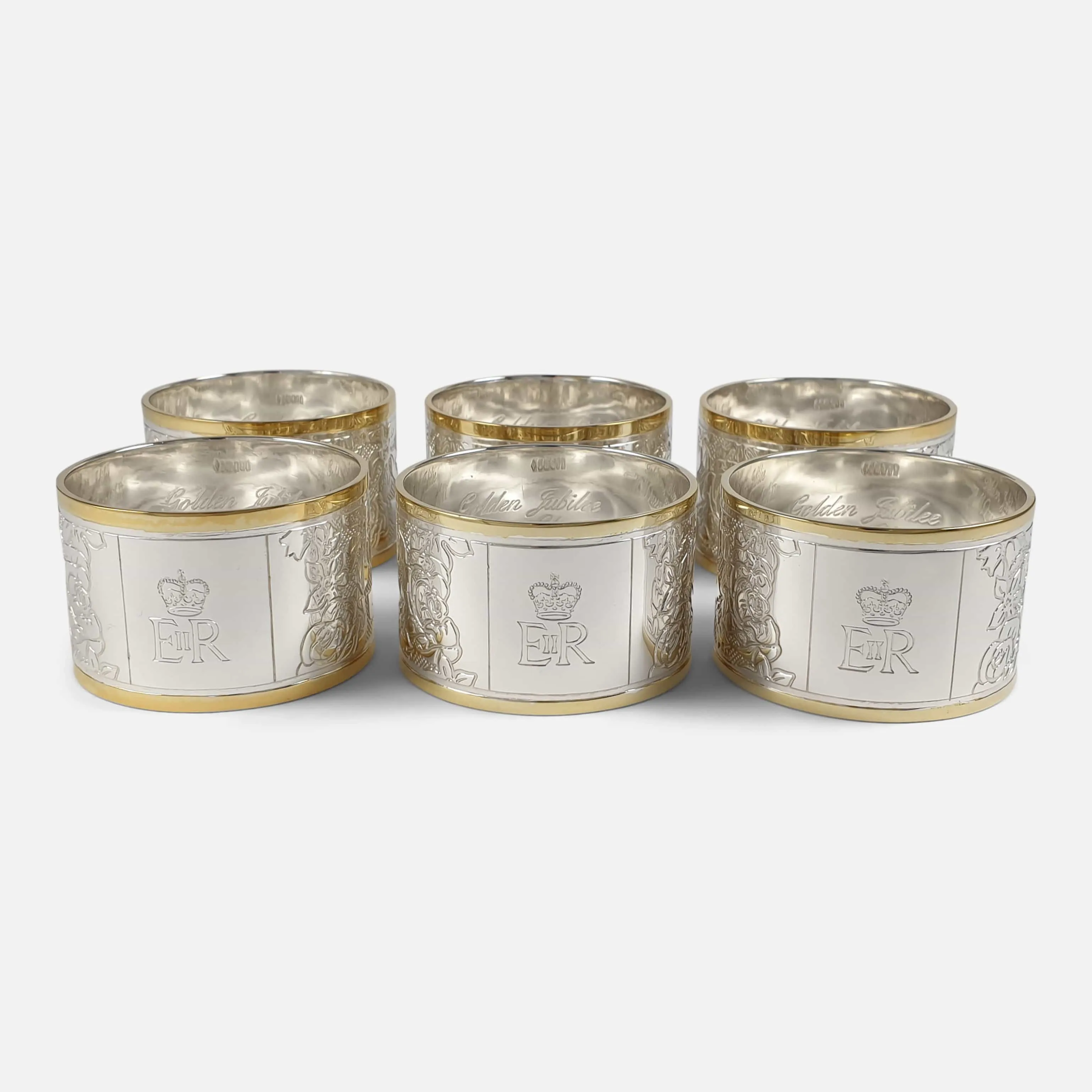 Set of Six Parcel Gilt Britannia Standard Silver Napkin Rings, 2002