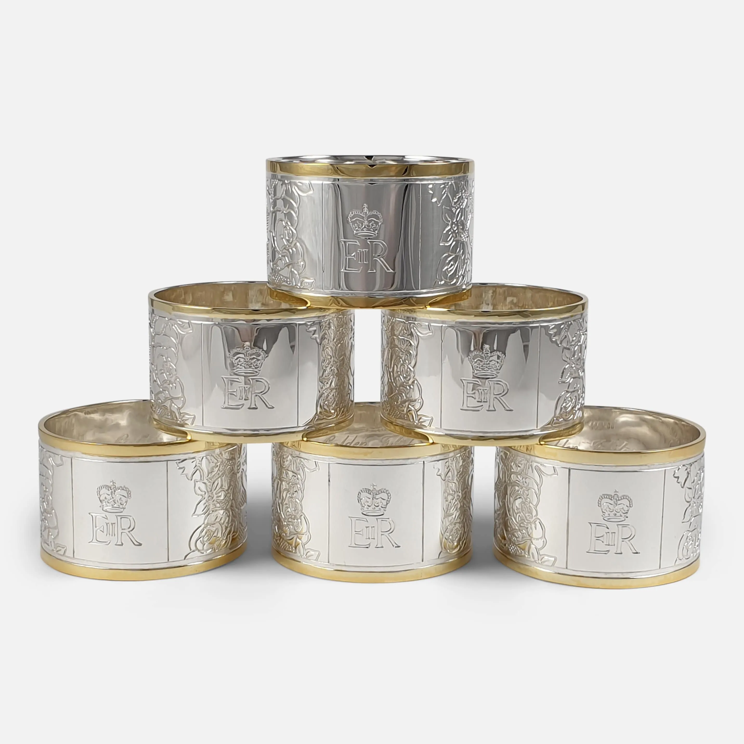 Set of Six Parcel Gilt Britannia Standard Silver Napkin Rings, 2002