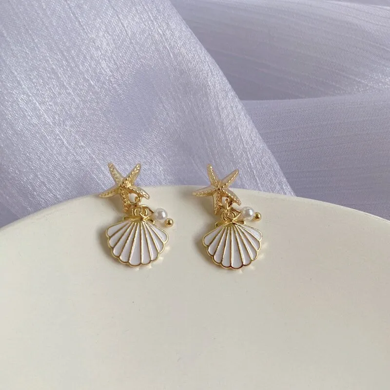 Shell earrings, gold star earrings, starfish earrings