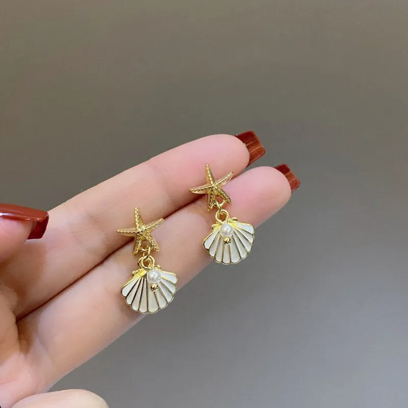 Shell earrings, gold star earrings, starfish earrings