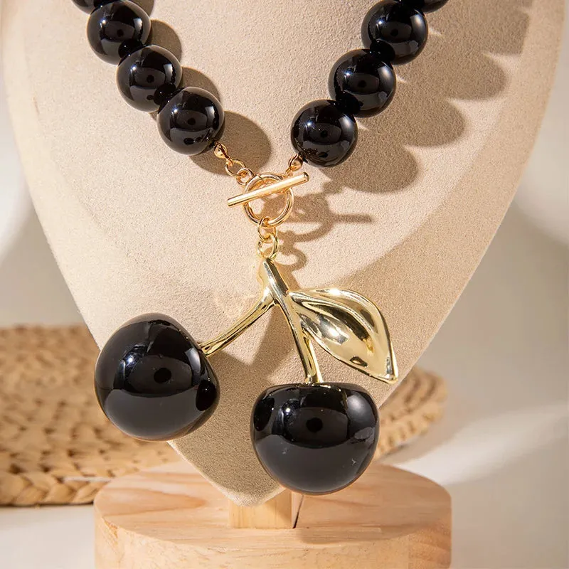 Shiny Acrylic Black Cherry Charms Pendant Necklaces Jewelry