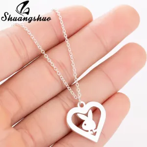 Shuangshuo Little Bunny Stainless Steel Custom Necklace Rabbit Heart Pendants Necklaces Women Kids Fashion Minimalist Jewelry