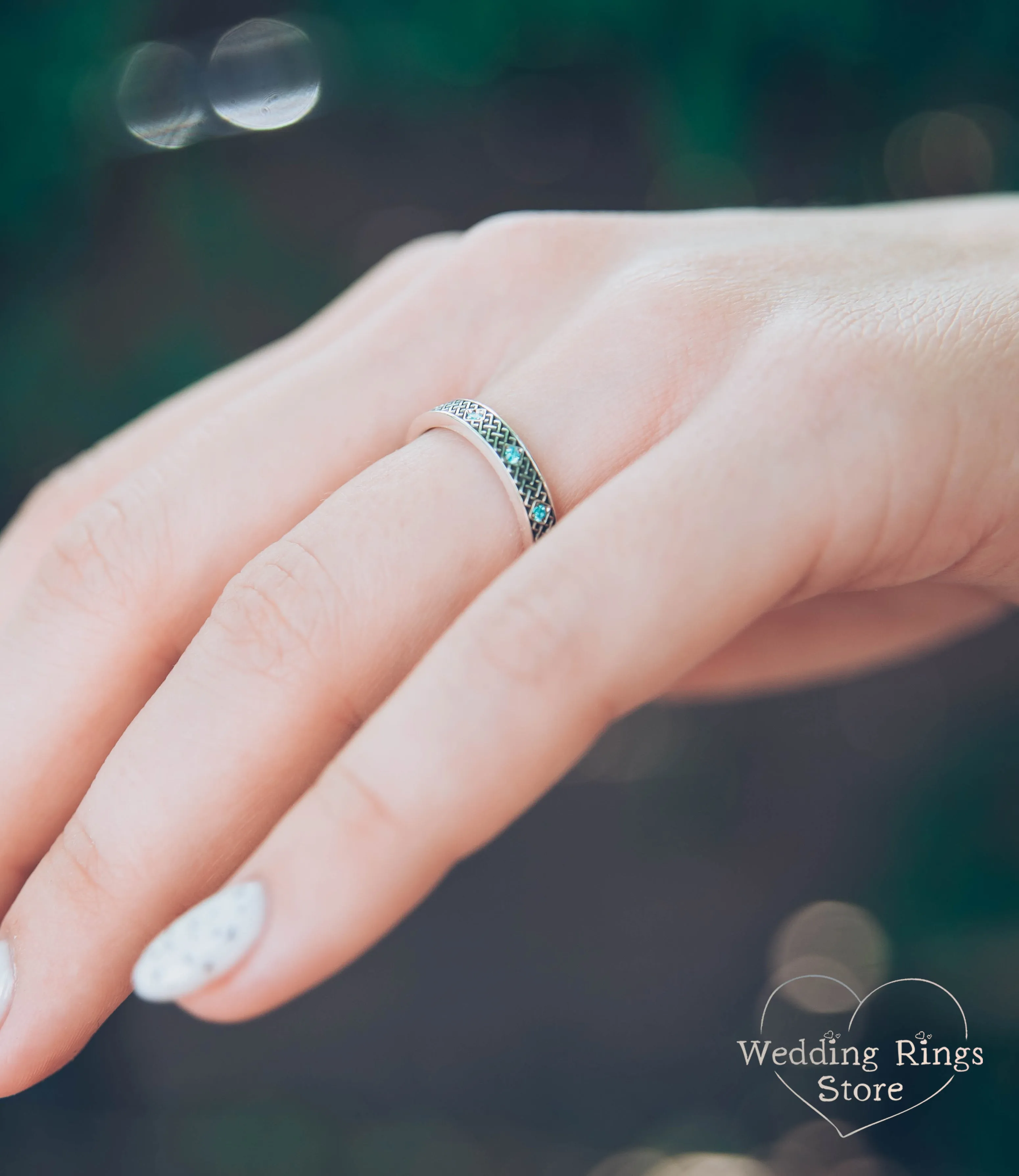 Silver Matching Celtic Rings Set – Subtle Knots & Blue Topazes