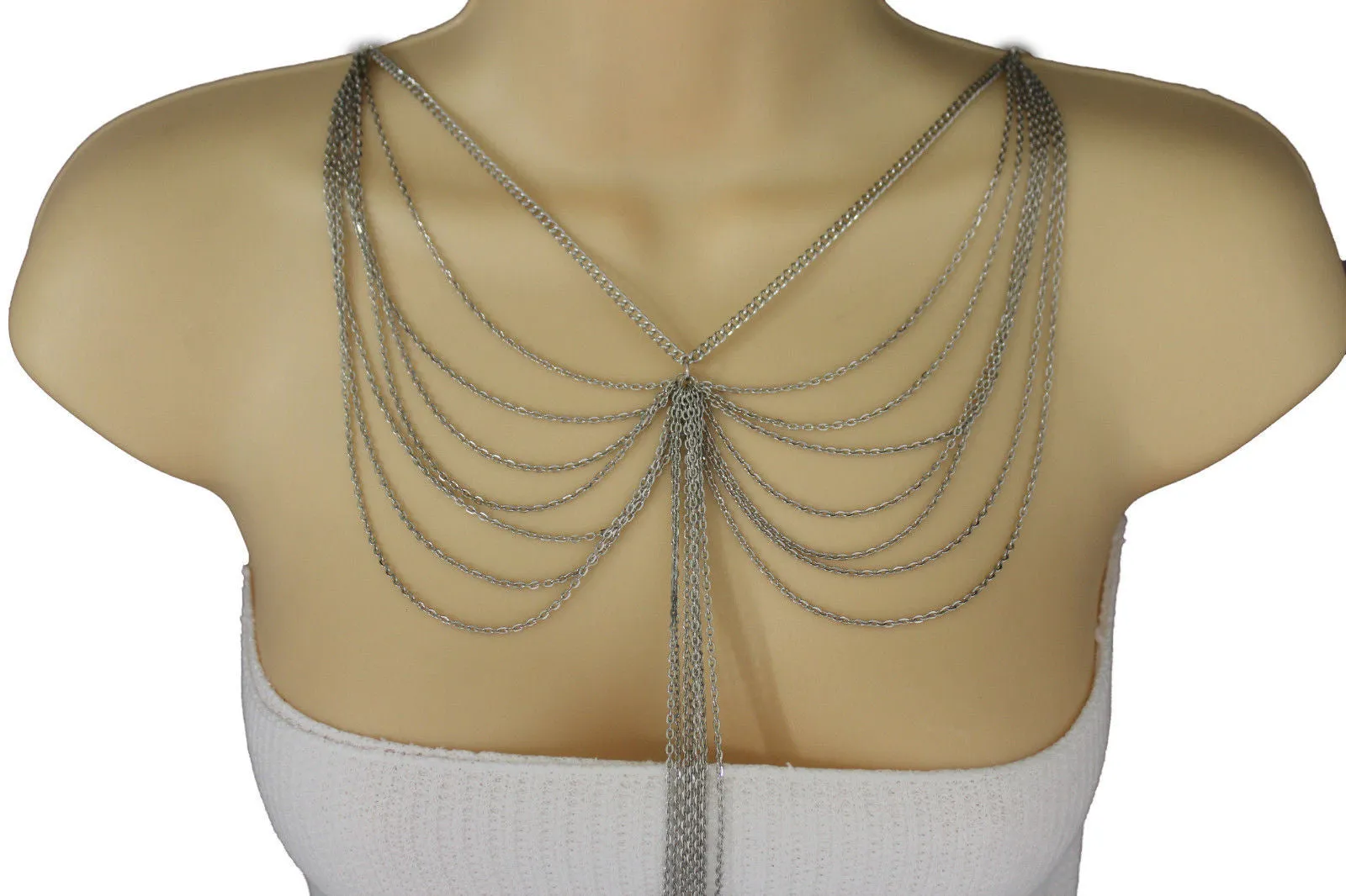 Silver Metal Wide Chain Wave Neck Back Front Long Necklace