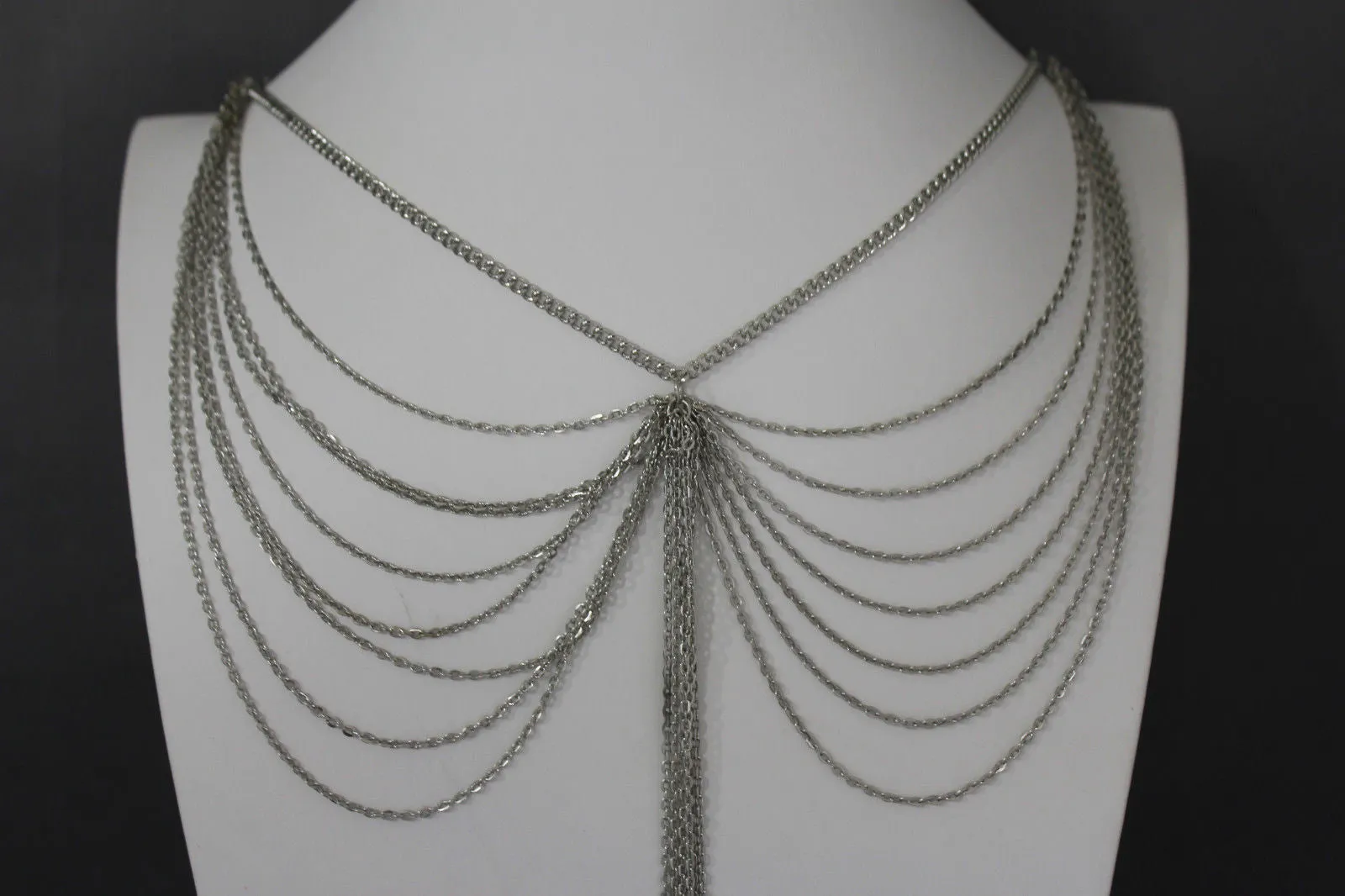 Silver Metal Wide Chain Wave Neck Back Front Long Necklace
