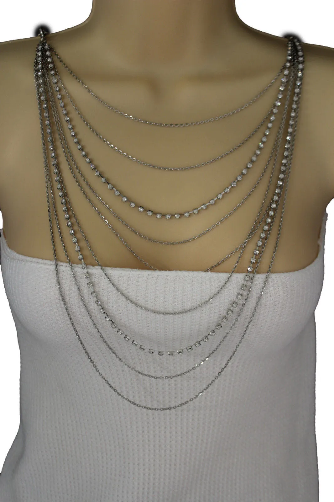 Silver Metal Wide Chain Wave Neck Back Front Long Necklace