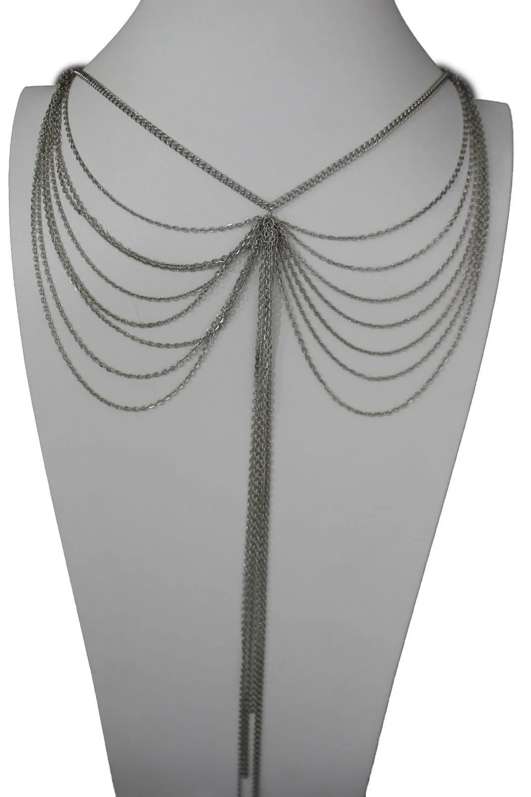 Silver Metal Wide Chain Wave Neck Back Front Long Necklace