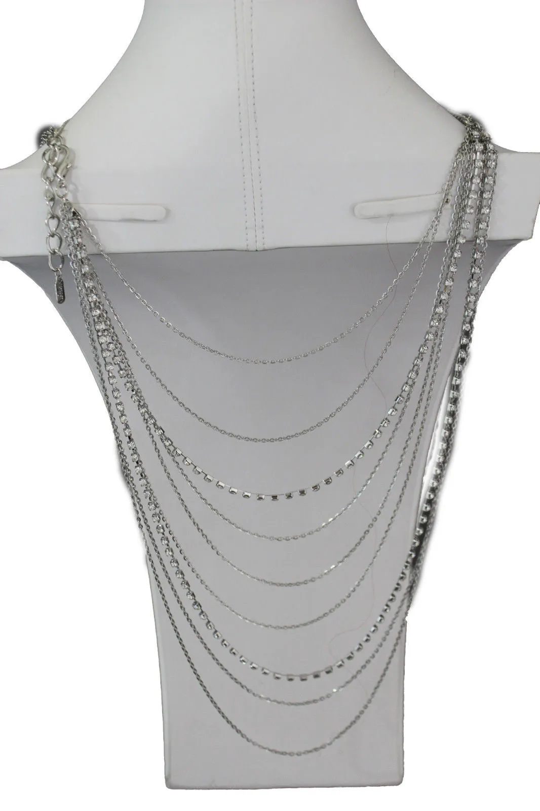 Silver Metal Wide Chain Wave Neck Back Front Long Necklace