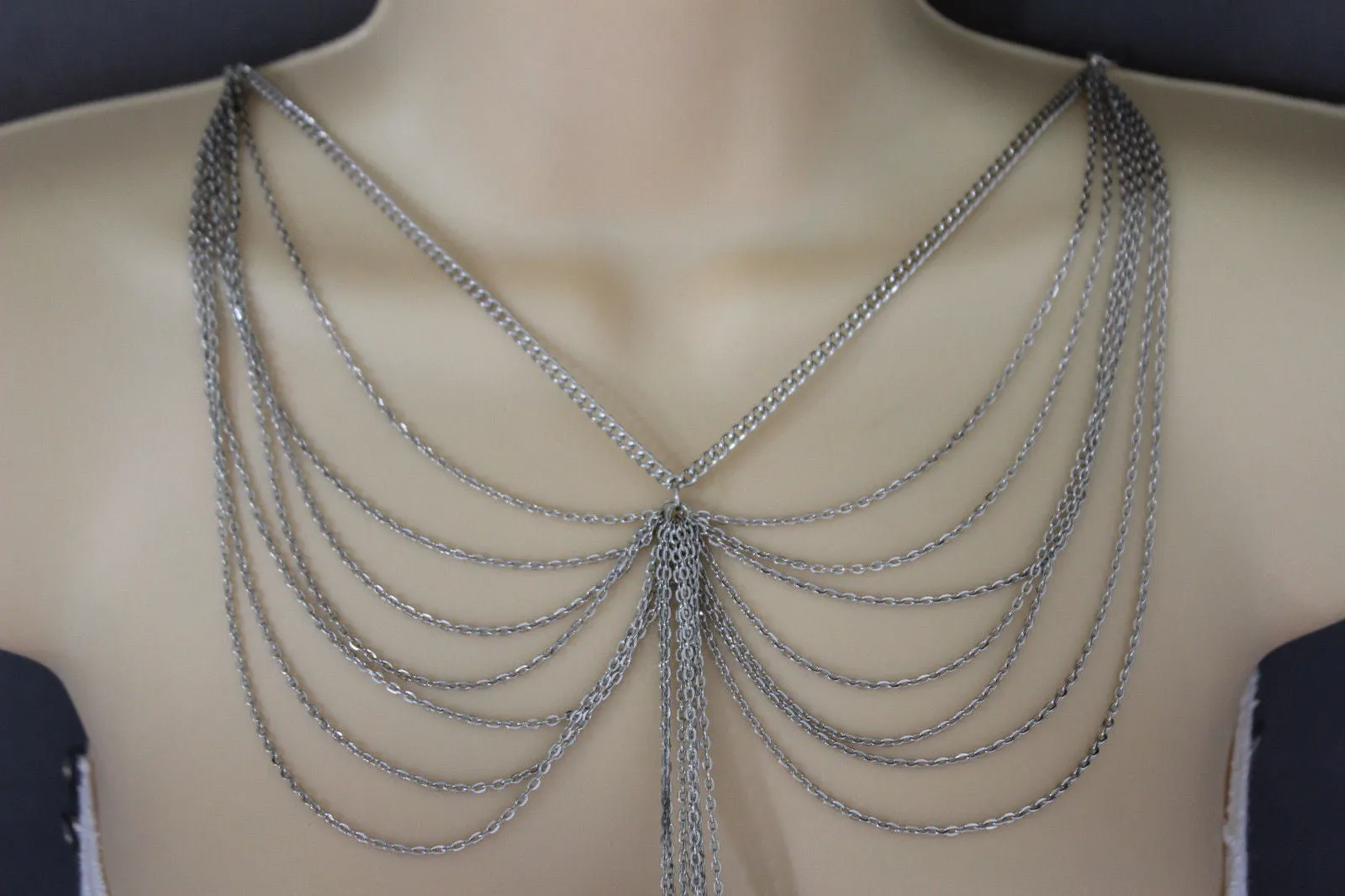 Silver Metal Wide Chain Wave Neck Back Front Long Necklace