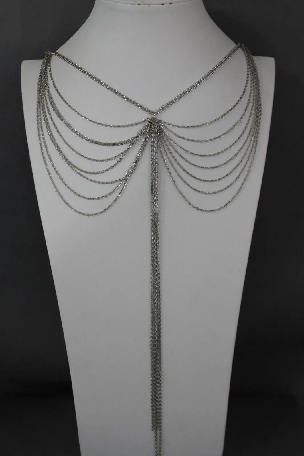 Silver Metal Wide Chain Wave Neck Back Front Long Necklace