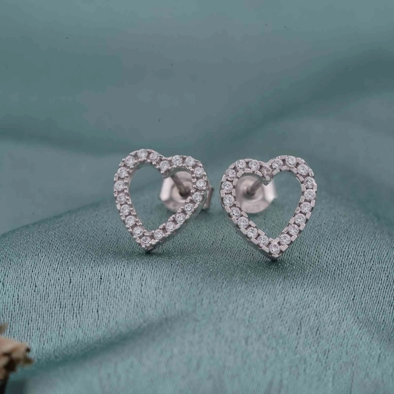 Silver Zircon Studded Heart Earrings