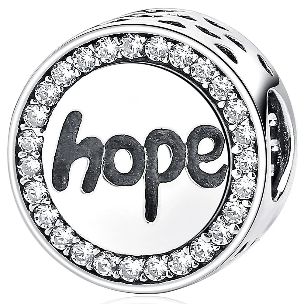 Solid 925 Sterling Silver Hope Inscription CZ Charm