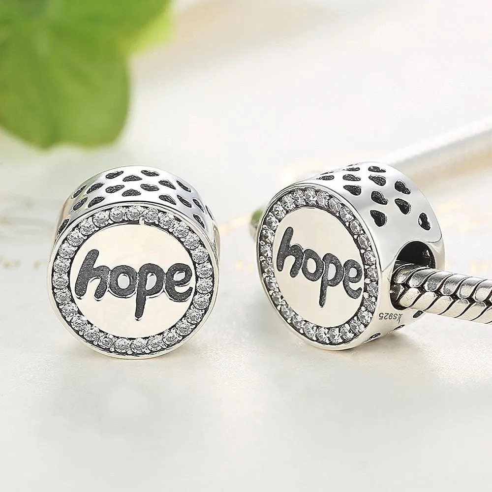 Solid 925 Sterling Silver Hope Inscription CZ Charm